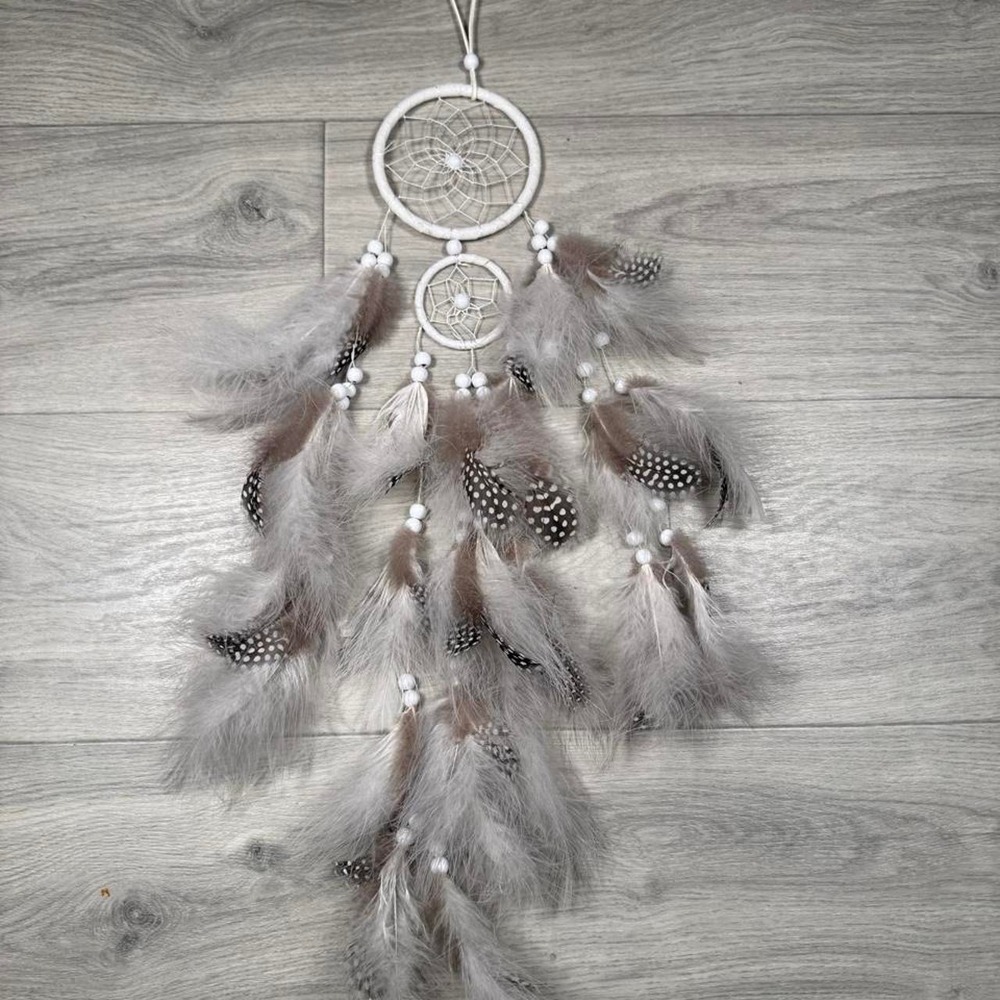 Large Neutral Boho Dreamcatcher Wall Decor Gray Taupe White Feather Double Ring